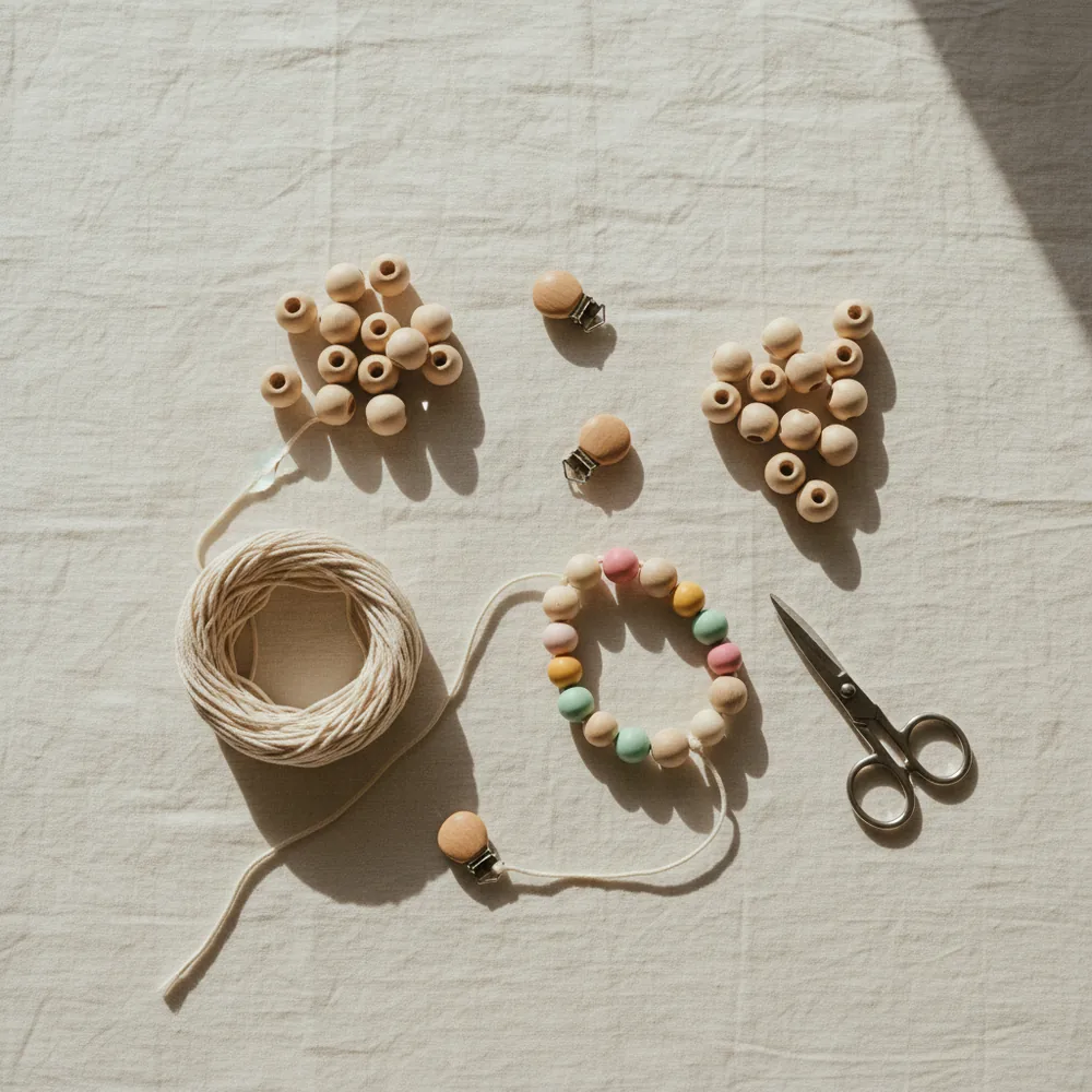 Perles en bois naturelles et pastel avec cordon, pinces et ciseaux sur du lin