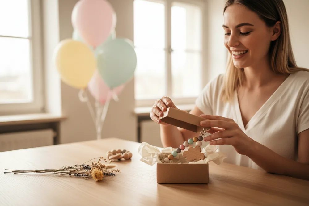Jeune femme souriante ouvrant une boîte cadeau avec une attache-tétine en bois
