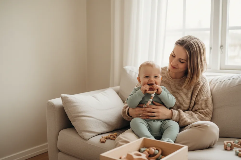 Jeune maman souriant à son bébé qui mordille un anneau en bois