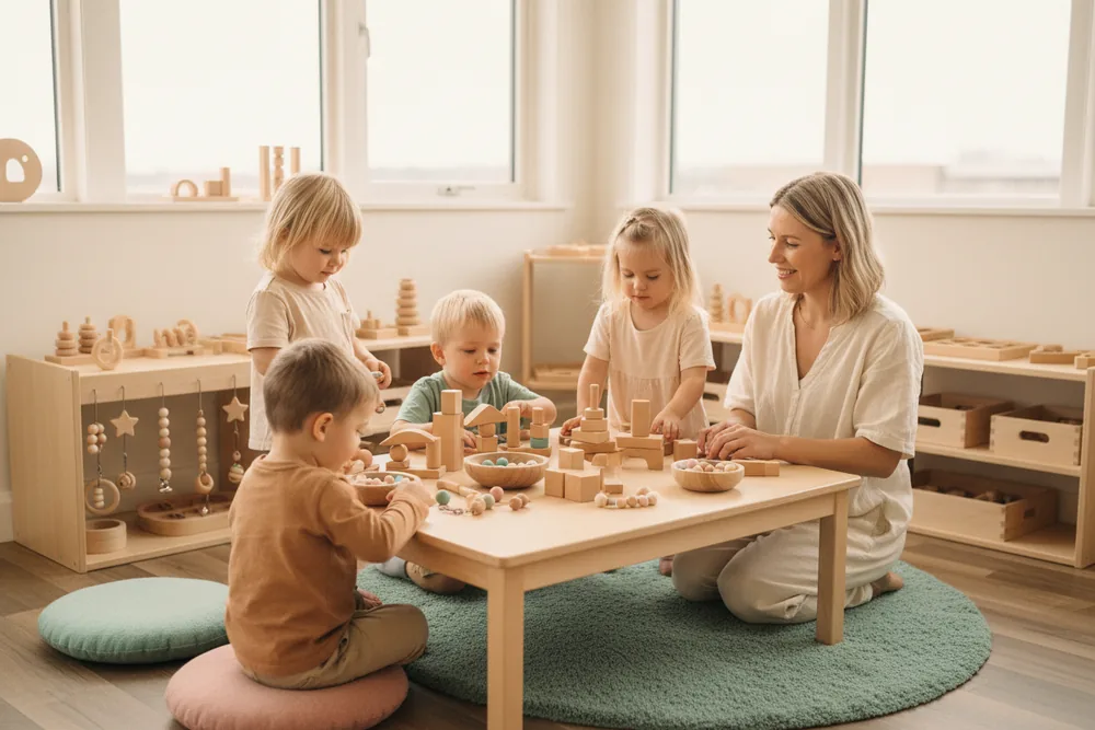 Quatre enfants jouent avec des cubes et des perles en bois, l'éducatrice à côté