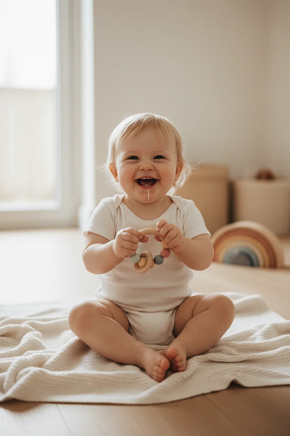 Un jeune enfant rieur assis sur une couverture agite un hochet en bois