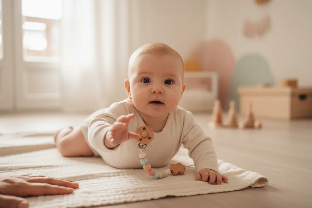 Bébé éveillé sur un tapis attrapant une attache-tétine en bois aux perles pastel