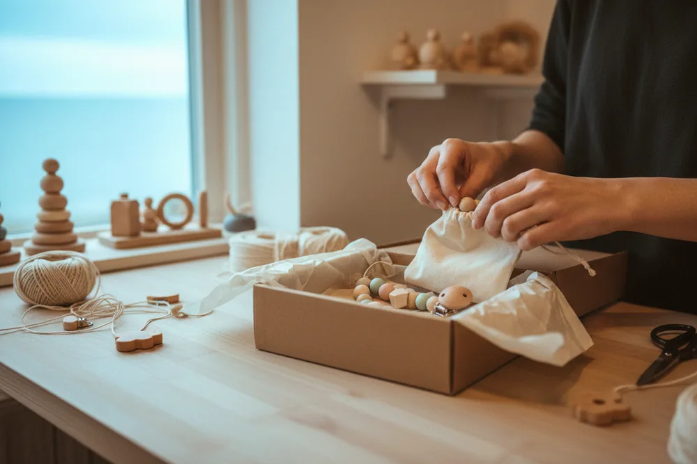 Des mains emballent perles en bois et attache-tétine dans une boîte kraft