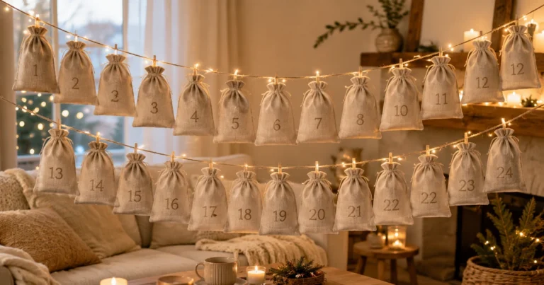 Le calendrier de l'Avent pend sur une corde en travers d'un salon douillet, illuminé par une guirlande lumineuse. Petits sacs aux tons naturels, numérotés.
