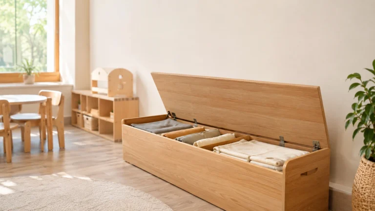 Banc de rangement avec coussins assis, couvercle ouvert avec couvertures et coussins à l'intérieur. Lumière du jour claire.