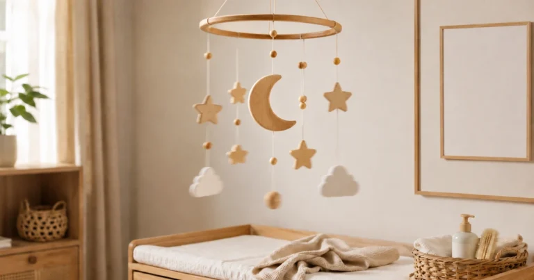 Mobile lune-étoiles en bois de hêtre suspendu au-dessus de la table à langer dans une chambre de bébé lumineuse. Rotation douce, léger flou de mouvement aux pointes des étoiles. Lumière douce du jour de la fenêtre, composition apaisante.