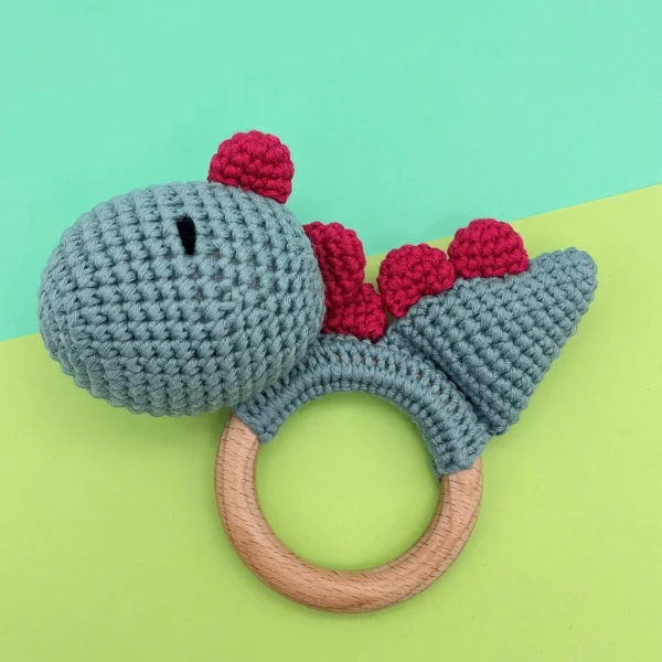 Hochet Bébé Dino avec Anneau de Dentition • turquoise — Kiki-Ena Matériel de Bricolage Bois Naturel