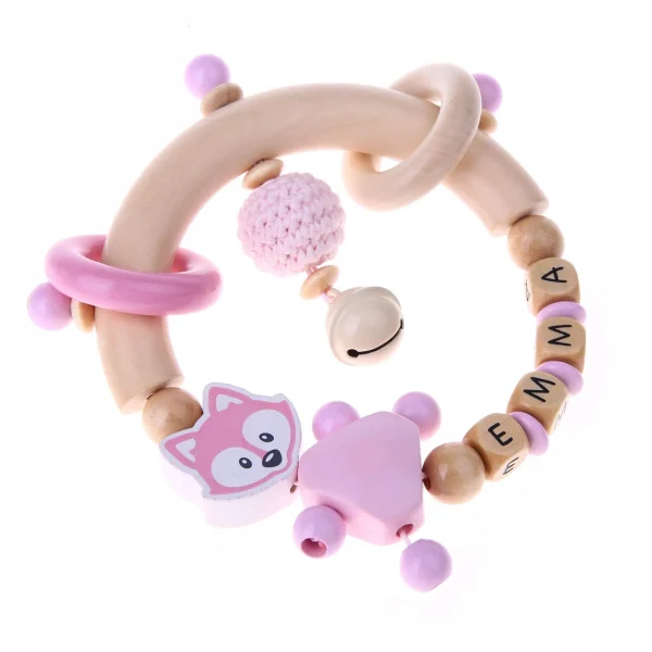 Ensemble artisanal Anneau de dentition Renard rose bébé — Kiki-Ena Matériel artisanal Bois naturel