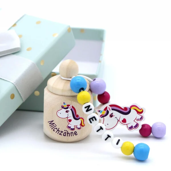 Kit créatif Boîte à dents de lait Licorne rose avec nom — Kiki-Ena Fournitures de loisirs créatifs Bois naturel