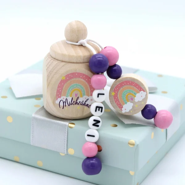 Kit créatif Boîte à dents de lait Arc-en-ciel rose avec nom — Kiki-Ena Fournitures de loisirs créatifs Bois naturel