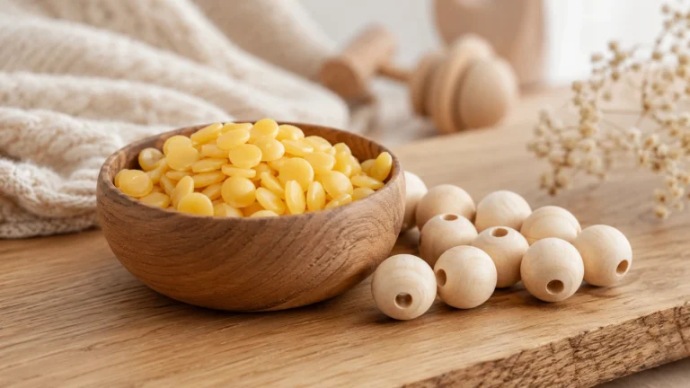 Nature morte détaillée : pastilles de cire d'abeille jaune doré dans une petite coupelle en bois, avec des perles d'érable brut à côté. Lumière du jour chaude, fond de table en bois.
