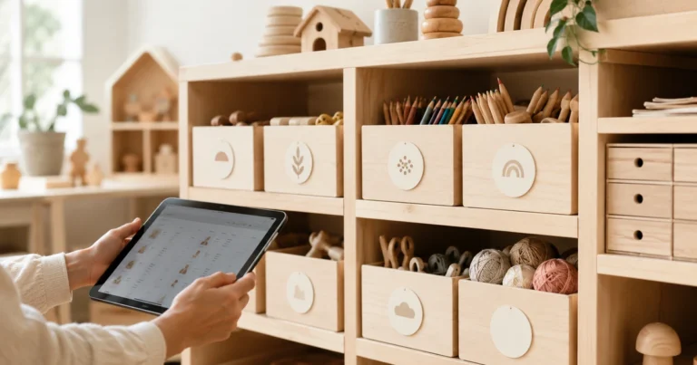 Étagère créative de crèche bien rangée avec boîtes étiquetées, éducatrice (mains uniquement) avec tablette au premier plan vérifie le stock.