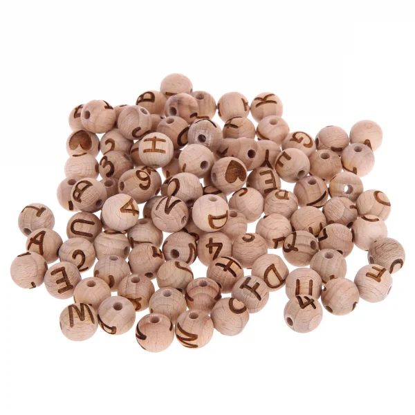 Perles alphabet 12mm avec gravure laser - percées horizontalement — Kiki-Ena Matériel de bricolage Bois naturel