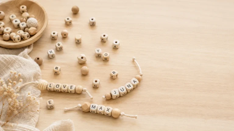 Des perles de lettres éparpillées sur une table en bois clair, certains mots (« MAMAN », « LEO ») sont enfilés et visibles.