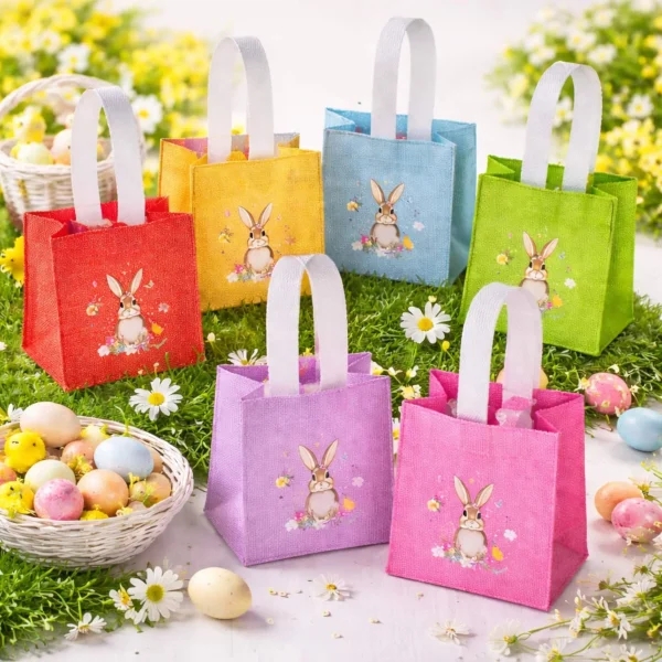 Sac coloré avec motif de lapin en aspect jute — Kiki-Ena Matériel de loisirs créatifs Bois naturel