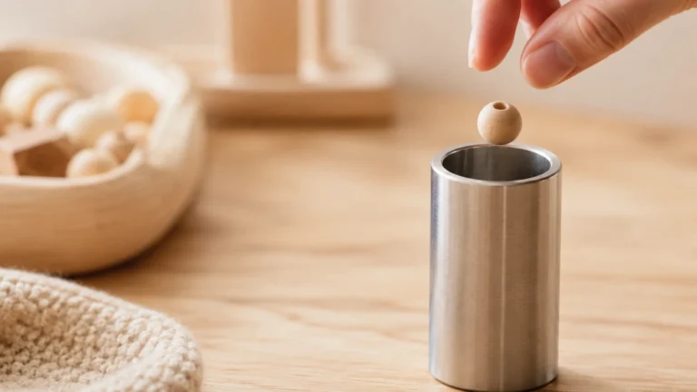 Photographie en studio d'un simple cylindre métallique creux (diamètre 31,7 mm) sur un fond en bois, à côté une mini perle en bois qui vient juste d'y tomber — explication visuelle du test des petites pièces. Éclairage doux, mise au point sur le bord du cylindre.