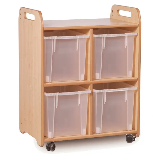 Rangement Discovery avec 4 étagères transparentes (2 colonnes) — Millhouse Jeux Éducatifs École