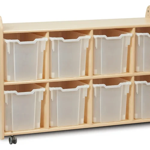 Rangement Discovery avec 8 étagères transparentes (4 colonnes) — Millhouse Jeux Éducatifs École