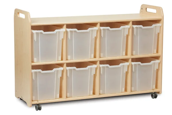 Rangement Discovery avec 8 étagères transparentes (4 colonnes) — Millhouse Jeux Éducatifs École