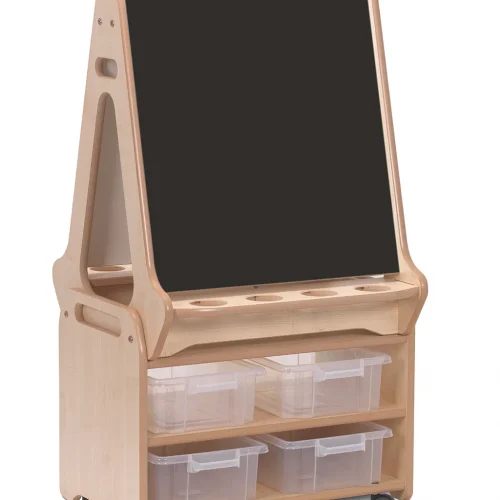 Chevalet tableau noir/blanc double face 2 stations avec chariot de rangement haut — Millhouse Jouets Éducatifs École