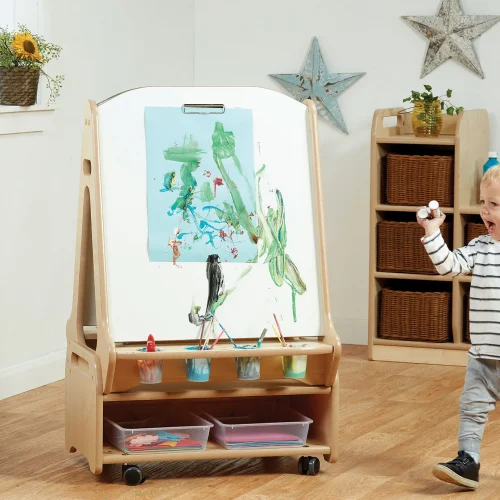 Chevalet tableau noir/blanc double face 2 stations avec chariot de rangement bas — Millhouse Jouets Éducatifs École