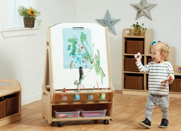 Chevalet tableau noir/blanc double face 2 stations avec chariot de rangement bas — Millhouse Jouets Éducatifs École