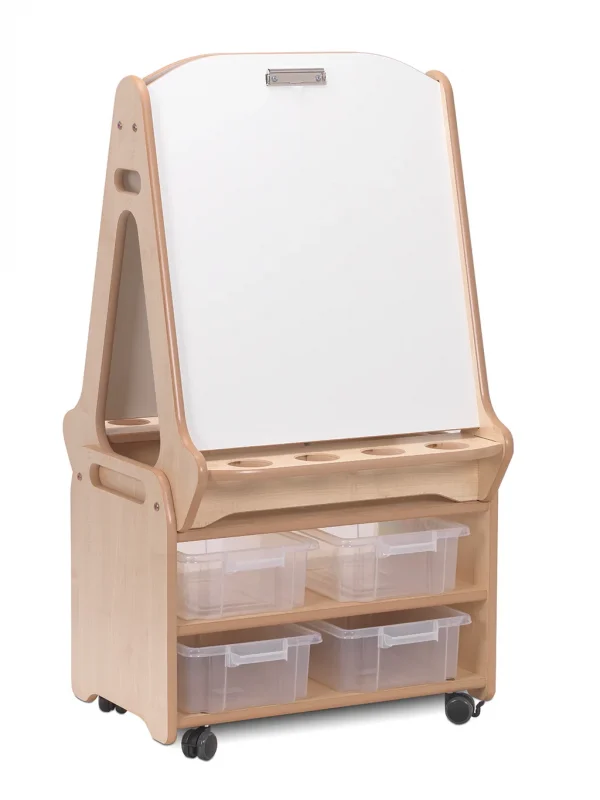 Chevalet tableau blanc double face 2 stations avec chariot de rangement haut — Millhouse Jouets Éducatifs École