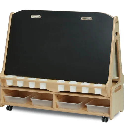 Chevalet tableau noir/blanc double face 4 stations avec chariot de rangement bas — Millhouse Jouets Éducatifs École