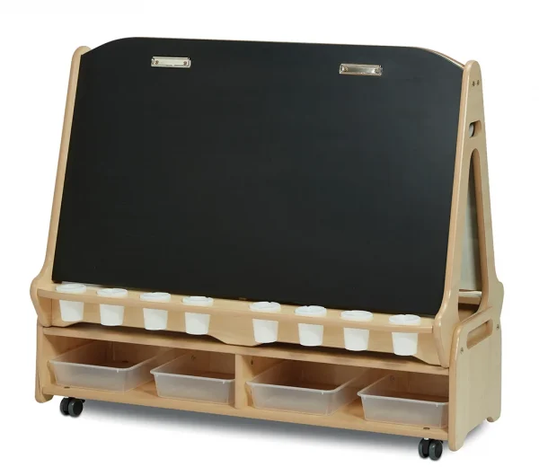 Chevalet tableau noir/blanc double face 4 stations avec chariot de rangement bas — Millhouse Jouets Éducatifs École