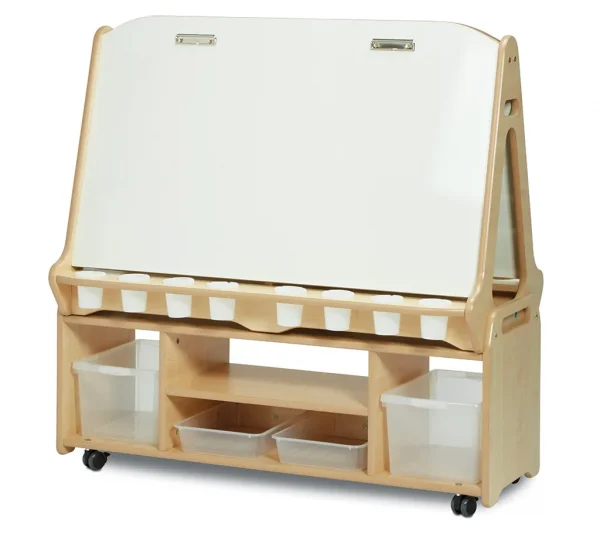 Chevalet tableau blanc double face 4 stations avec chariot de rangement haut — Millhouse Jouets Éducatifs École