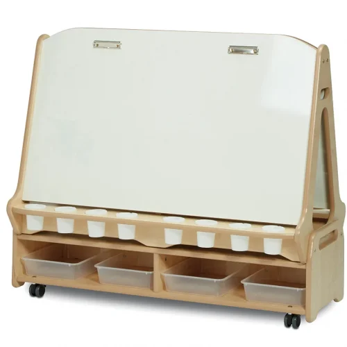 Chevalet tableau blanc double face 4 stations avec chariot de rangement bas — Millhouse Jouets Éducatifs École