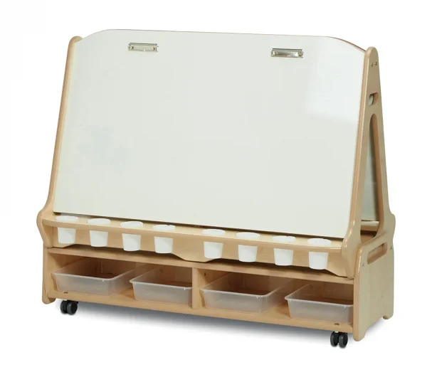 Chevalet tableau blanc double face 4 stations avec chariot de rangement bas — Millhouse Jouets Éducatifs École