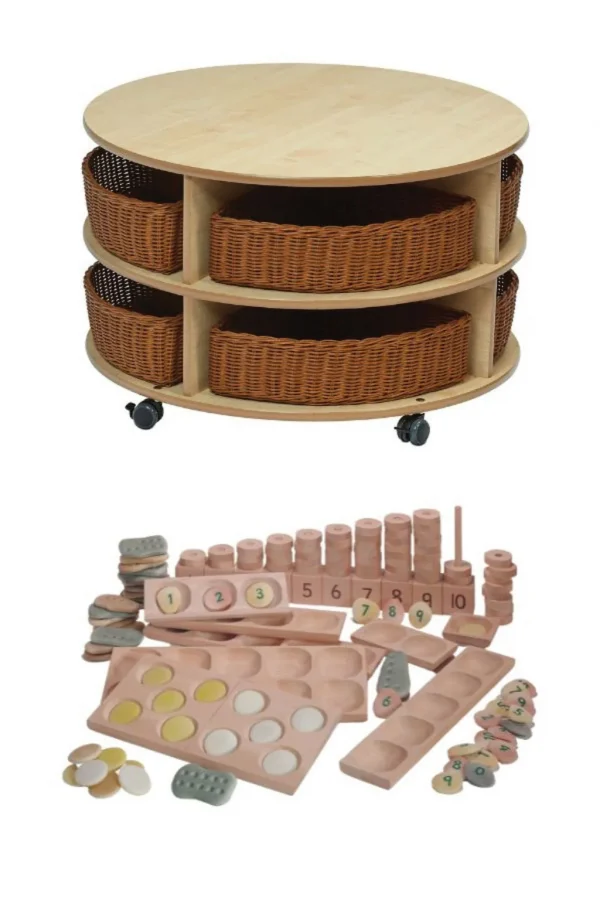 Unité de rangement circulaire mobile à deux niveaux avec paniers & Kit Mathématiques intérieur — Millhouse Jeu éducatif École