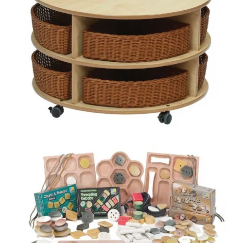 Unité de rangement circulaire mobile à deux niveaux avec paniers & Loose Parts Set - PT1172 — Millhouse Jeu éducatif École