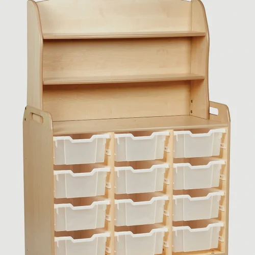 Armoire à trois étagères avec 12 bacs de rangement profonds et élément supérieur fonctionnel — Millhouse Jouets Éducatifs Scolaires
