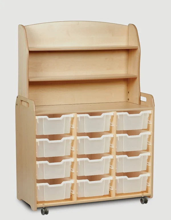Armoire à trois étagères avec 12 bacs de rangement profonds et élément supérieur fonctionnel — Millhouse Jouets Éducatifs Scolaires