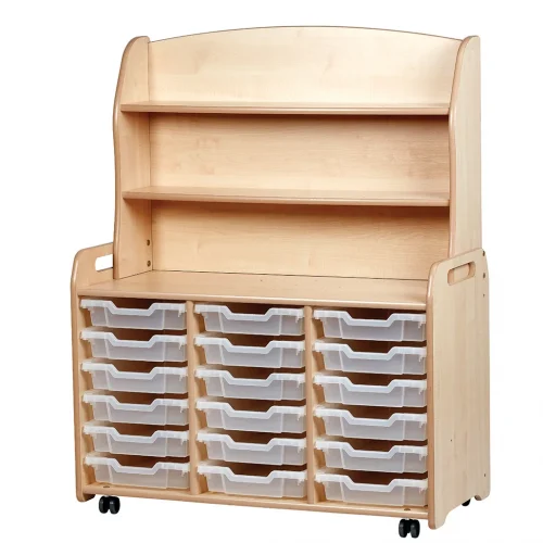 Armoire à trois étagères avec 18 bacs de rangement plats et élément supérieur pratique — Millhouse Jouets Éducatifs Scolaires