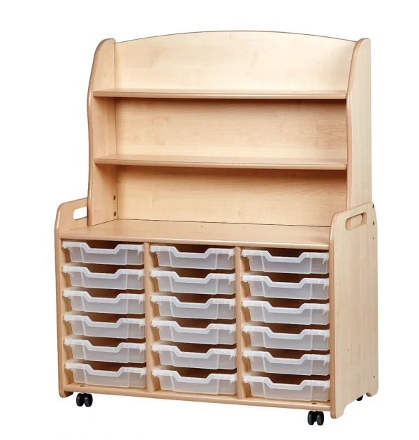 Armoire à trois étagères avec 18 bacs de rangement plats et élément supérieur pratique — Millhouse Jouets Éducatifs Scolaires
