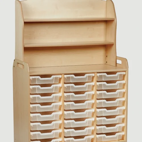 Armoire à trois étagères avec 24 bacs de rangement plats et élément supérieur pratique — Millhouse Jouets Éducatifs Scolaires