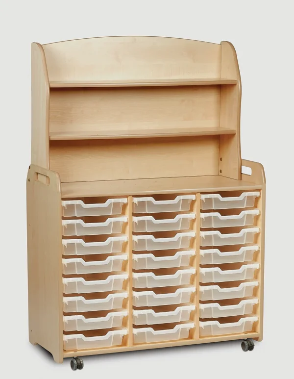 Armoire à trois étagères avec 24 bacs de rangement plats et élément supérieur pratique — Millhouse Jouets Éducatifs Scolaires