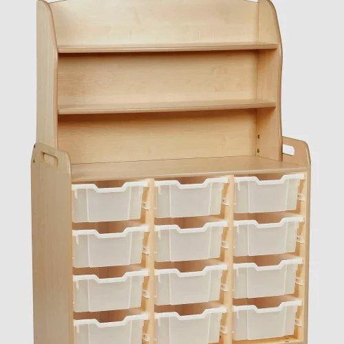 Armoire à trois étagères avec 6 bacs de rangement plats et 6 profonds, ainsi qu'un élément supérieur pratique — Millhouse Jouets Éducatifs Sc...