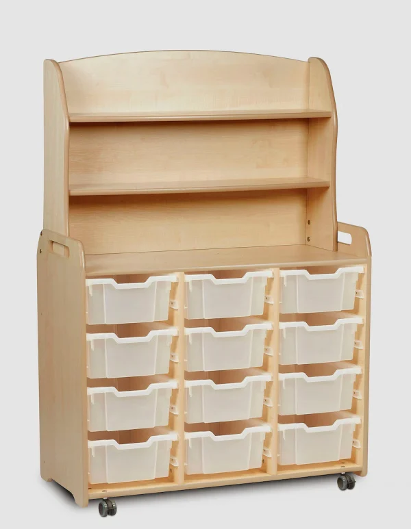 Armoire à trois étagères avec 6 bacs de rangement plats et 6 profonds, ainsi qu'un élément supérieur pratique — Millhouse Jouets Éducatifs Sc...