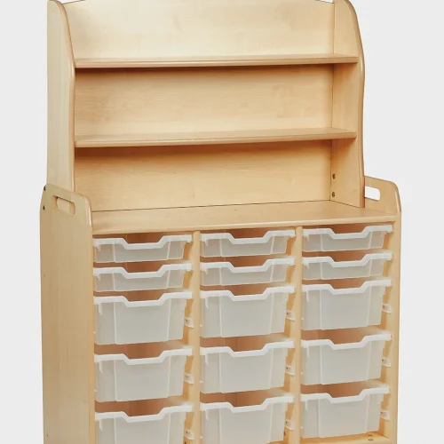 Armoire à trois étagères avec 6 bacs de rangement plats et 9 profonds, ainsi qu'un élément supérieur pratique — Millhouse Jouets Éducatifs Sc...