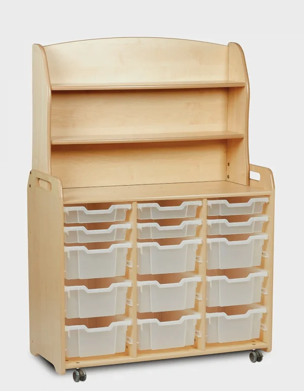 Armoire à trois étagères avec 6 bacs de rangement plats et 9 profonds, ainsi qu'un élément supérieur pratique — Millhouse Jouets Éducatifs Sc...