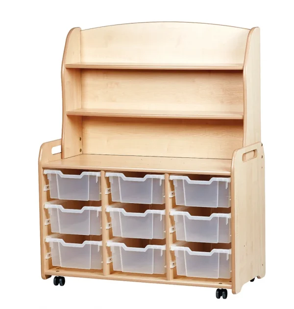 Armoire à trois étagères avec 9 bacs de rangement profonds et élément supérieur — Millhouse Jouets Éducatifs Scolaires