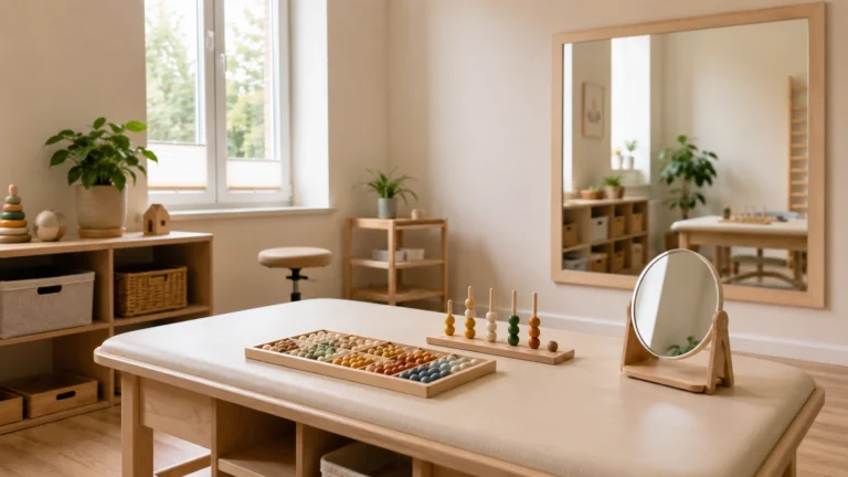 Une salle de thérapie lumineuse avec Galaxy Mirror Maple et une table basse, miroir et matériaux de perles en bois visibles.