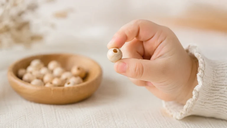 Une main d'enfant avec une prise en pince tient une perle en bois de 10 mm, en arrière-plan un bol avec d'autres perles.