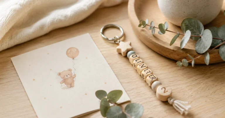 Un pendentif fini avec des chiffres et un nom, accroché à un porte-clés sur un bureau avec une carte d'anniversaire. Éclairage chaleureux.