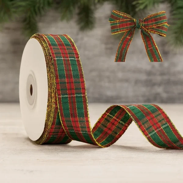 Ruban Cadeau Noël à Carreaux 25 mm • 1 Mètre — Kiki-Ena Matériel de Loisirs Créatifs Bois Naturel