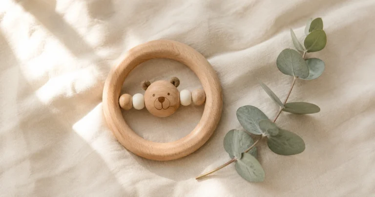 Un anneau de préhension ours fini avec anneau en bois et ours au crochet sur lin doux.
